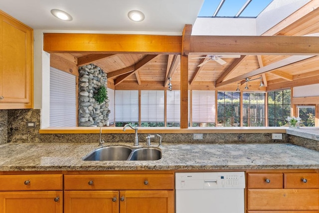 kitchen with wooden ceiling, sink, dishwasher, and lofted ceiling with skylight