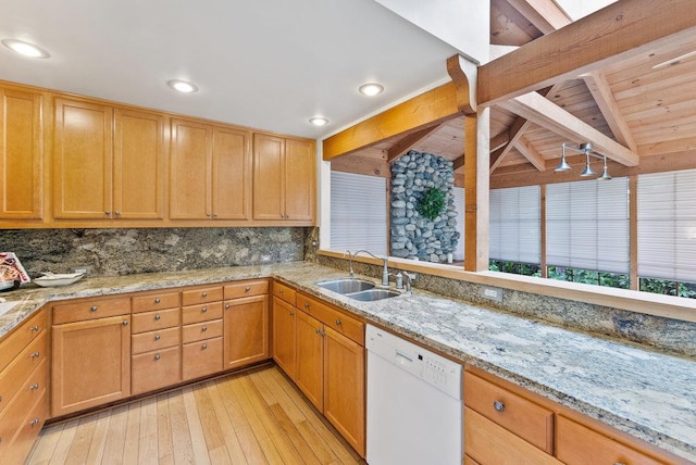 kitchen featuring tasteful backsplash, beam ceiling, sink, and white dishwasher