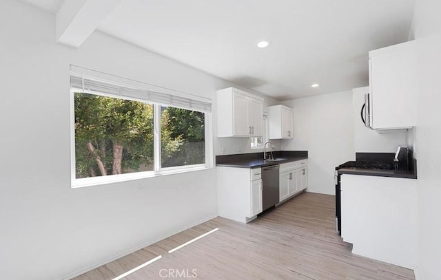 kitchen with sink, white cabinets, stainless steel appliances, and light wood-type flooring