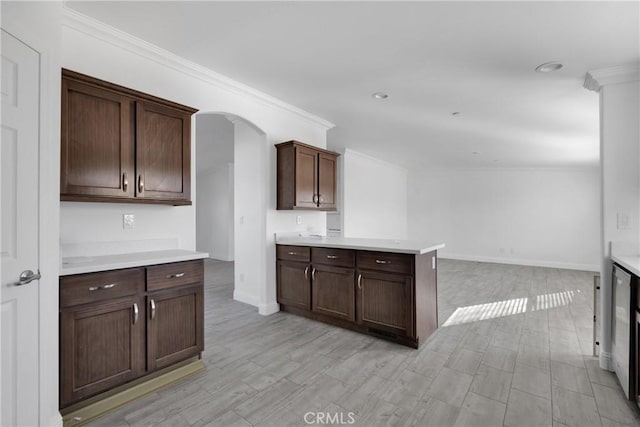 kitchen with dark brown cabinets, light hardwood / wood-style floors, and ornamental molding