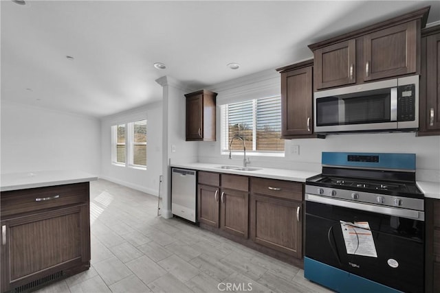 kitchen featuring plenty of natural light, stainless steel appliances, dark brown cabinets, and sink