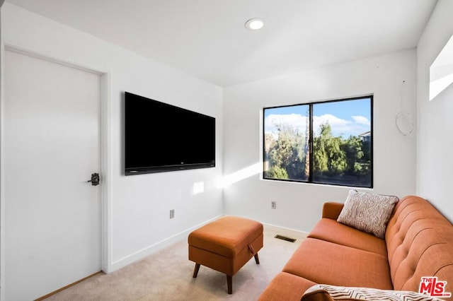 living room featuring light carpet