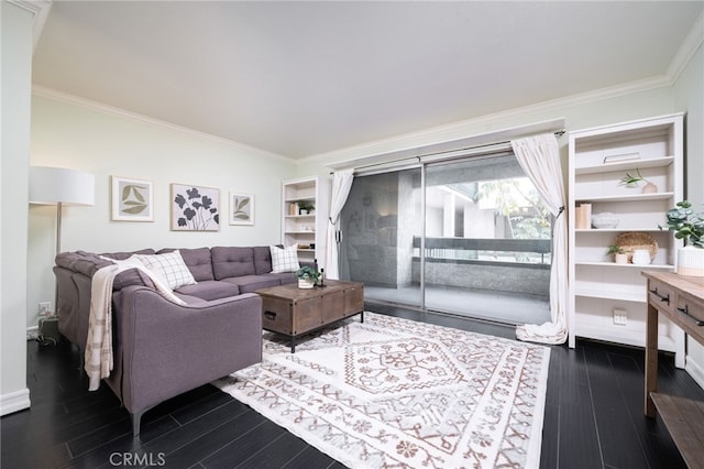 living room featuring dark hardwood / wood-style floors and crown molding