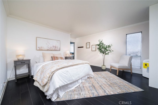 bedroom featuring dark wood-type flooring and crown molding