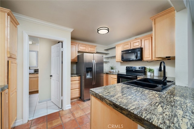 kitchen with black appliances, light brown cabinets, sink, light tile patterned floors, and crown molding