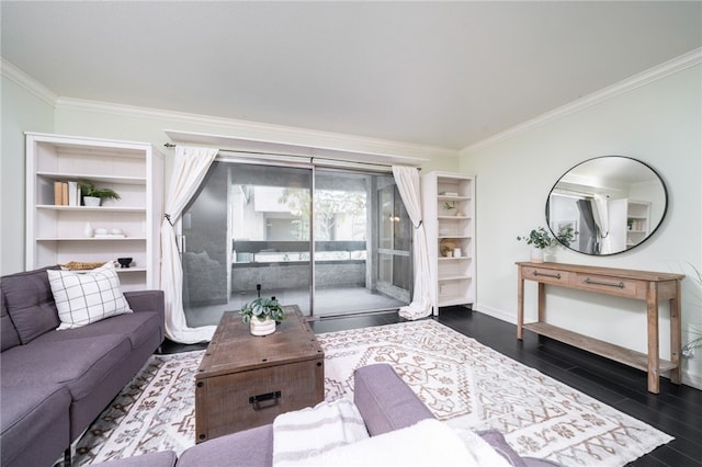 living room featuring dark hardwood / wood-style flooring and ornamental molding