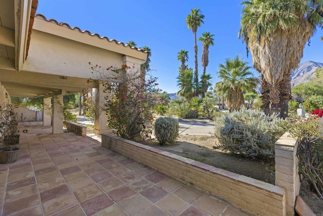 view of patio / terrace featuring a mountain view