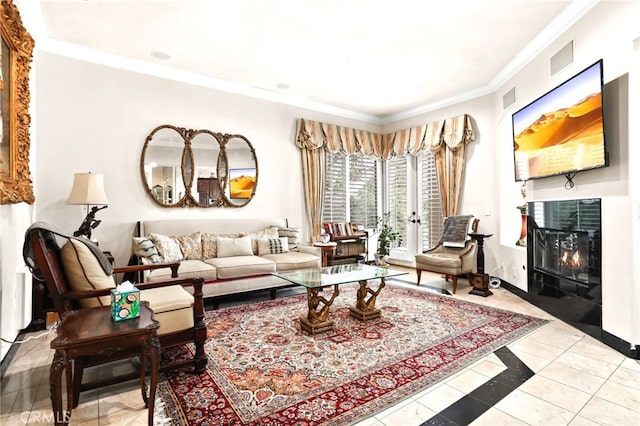 tiled living room with crown molding