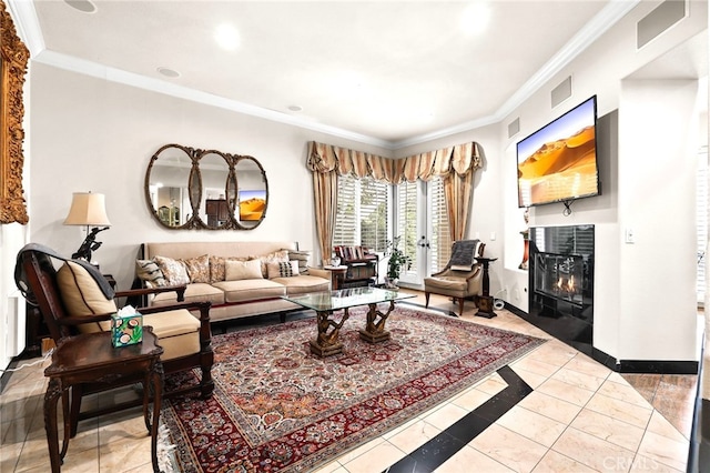 tiled living room featuring ornamental molding