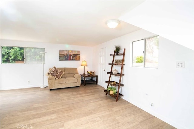 living area with light hardwood / wood-style flooring