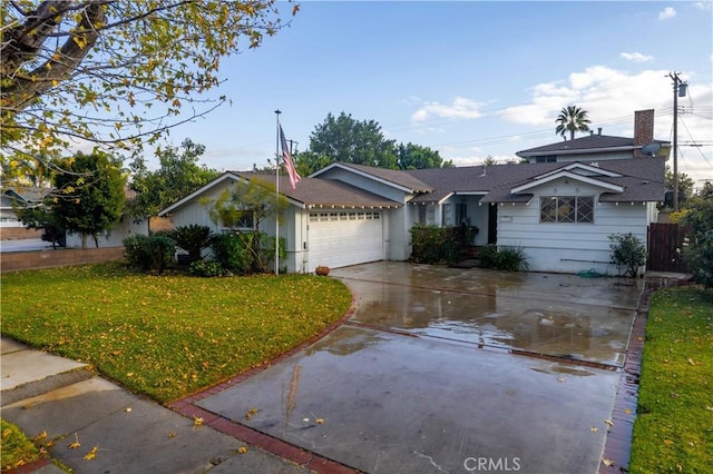 single story home featuring a front yard and a garage