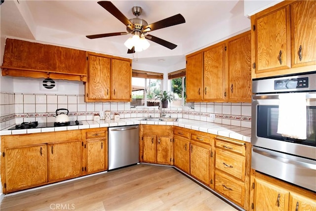 kitchen with backsplash, stainless steel appliances, light hardwood / wood-style floors, and sink