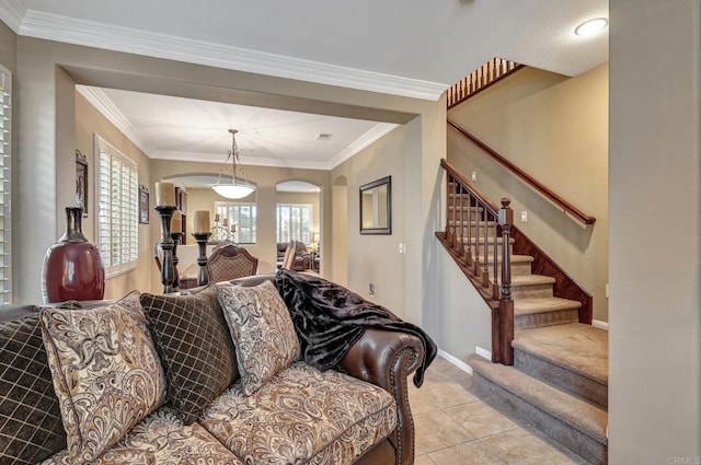 tiled living room featuring crown molding