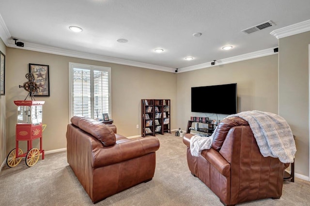 carpeted living room with ornamental molding