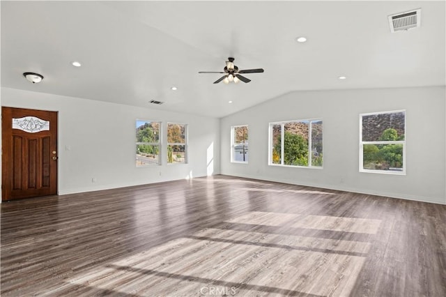 unfurnished living room featuring ceiling fan, hardwood / wood-style floors, and vaulted ceiling