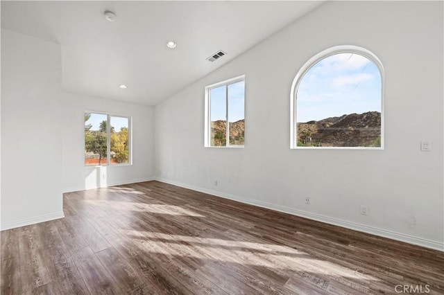 spare room featuring lofted ceiling and dark wood-type flooring