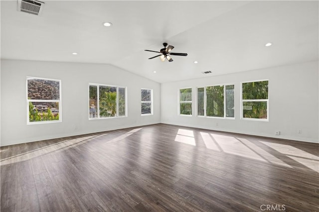 spare room with ceiling fan, hardwood / wood-style floors, and lofted ceiling