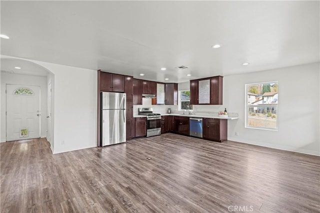 kitchen featuring sink, wood-type flooring, dark brown cabinets, and appliances with stainless steel finishes