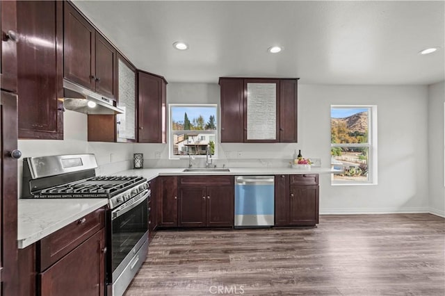 kitchen featuring stainless steel appliances, dark brown cabinetry, dark hardwood / wood-style floors, and sink