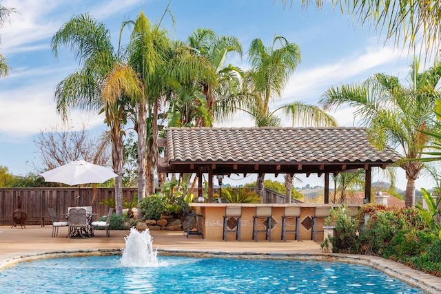 view of swimming pool featuring exterior bar