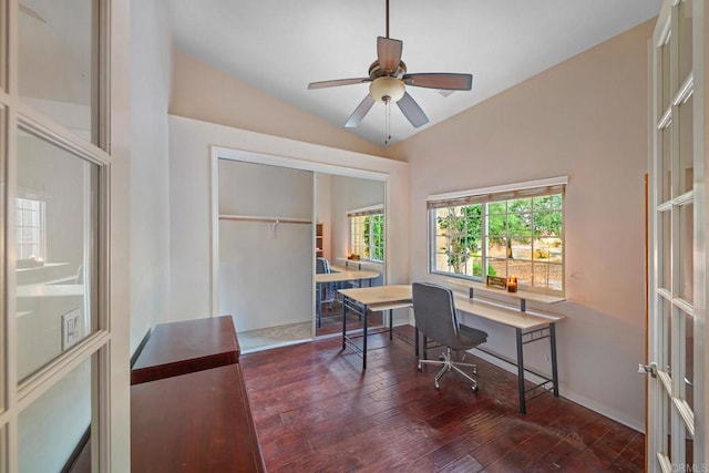 office space featuring vaulted ceiling, ceiling fan, french doors, and dark wood-type flooring