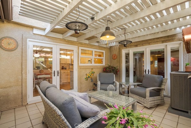 view of patio / terrace with french doors, ceiling fan, central air condition unit, and a pergola