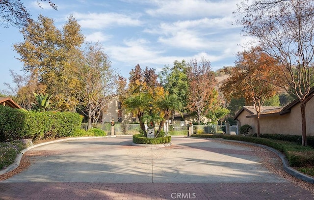 view of street with curbs, a gated entry, and a gate