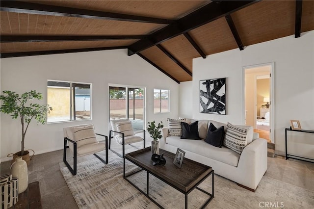 living room featuring beamed ceiling, light colored carpet, wooden ceiling, and high vaulted ceiling