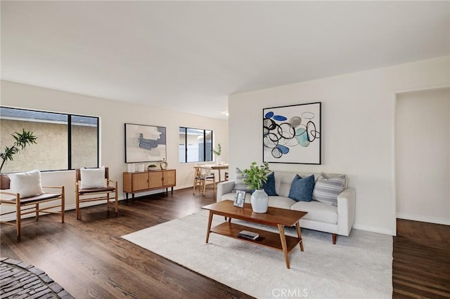 living room with dark hardwood / wood-style flooring