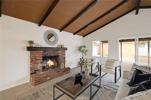 living room with beamed ceiling, light colored carpet, a fireplace, and wooden ceiling