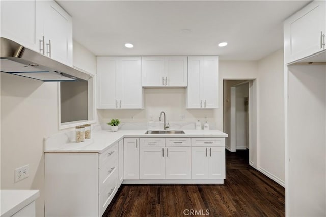 kitchen featuring dark hardwood / wood-style floors, white cabinetry, and sink