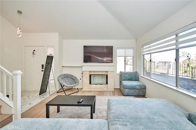 living room with a fireplace, wood-type flooring, and lofted ceiling