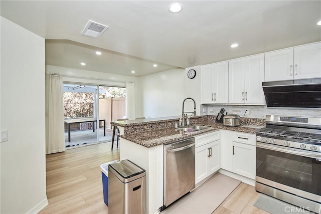 kitchen featuring kitchen peninsula, sink, white cabinets, and appliances with stainless steel finishes