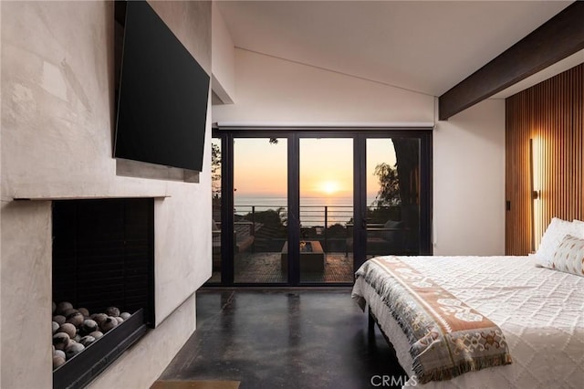 bedroom featuring access to exterior and lofted ceiling with beams