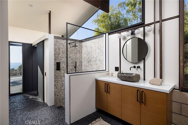 bathroom with vanity and walk in shower