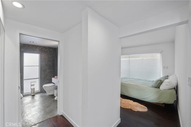 bedroom featuring dark wood-type flooring, ensuite bathroom, and multiple windows