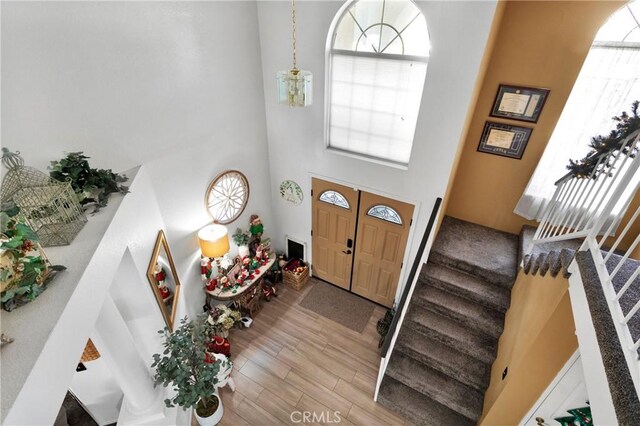 entrance foyer featuring a high ceiling and light hardwood / wood-style floors