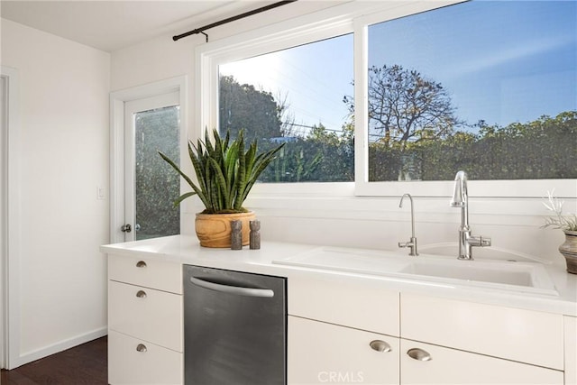 kitchen featuring stainless steel dishwasher, dark hardwood / wood-style floors, white cabinets, and sink