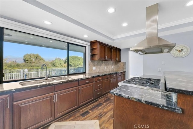 kitchen with dark hardwood / wood-style flooring, backsplash, ornamental molding, island range hood, and sink