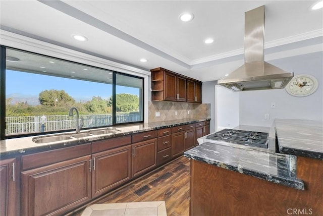 kitchen featuring sink, dark hardwood / wood-style floors, backsplash, island range hood, and ornamental molding