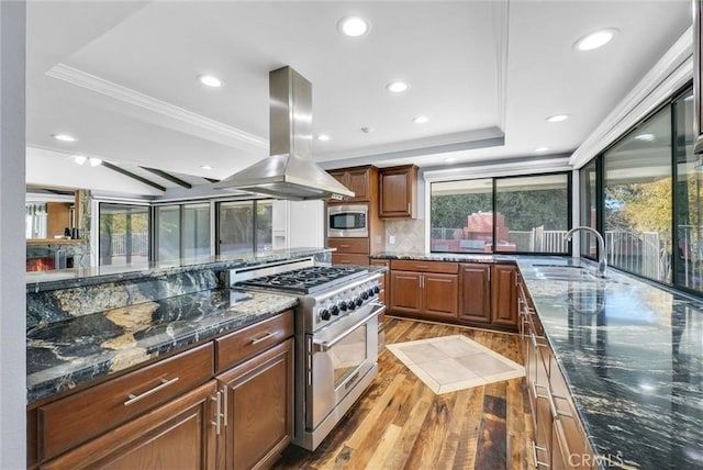 kitchen with island exhaust hood, appliances with stainless steel finishes, sink, dark stone countertops, and light hardwood / wood-style floors