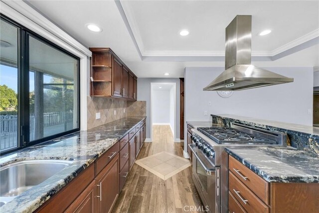 kitchen featuring dark stone counters, hardwood / wood-style flooring, decorative backsplash, stainless steel range, and island exhaust hood