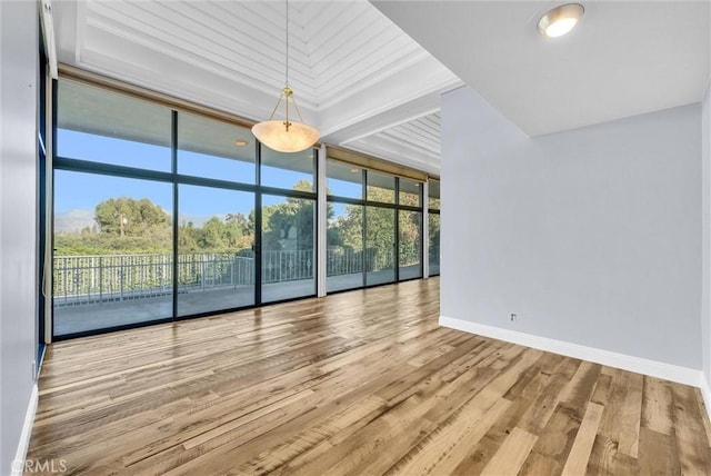 spare room featuring expansive windows, ornamental molding, and light wood-type flooring