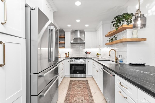 kitchen with white cabinetry, sink, wall chimney exhaust hood, and appliances with stainless steel finishes