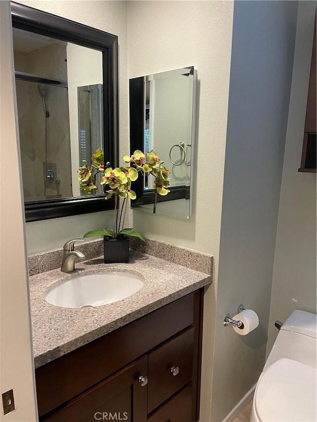 bathroom with a shower, vanity, and toilet