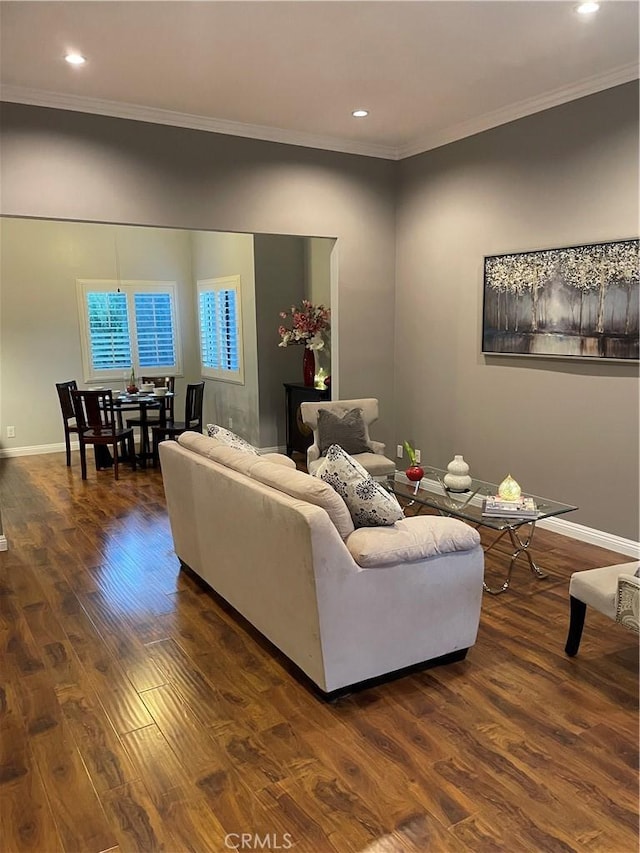 living room with crown molding and dark wood-type flooring