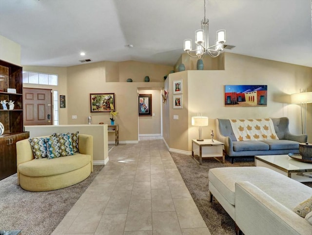 tiled living room featuring lofted ceiling and a notable chandelier