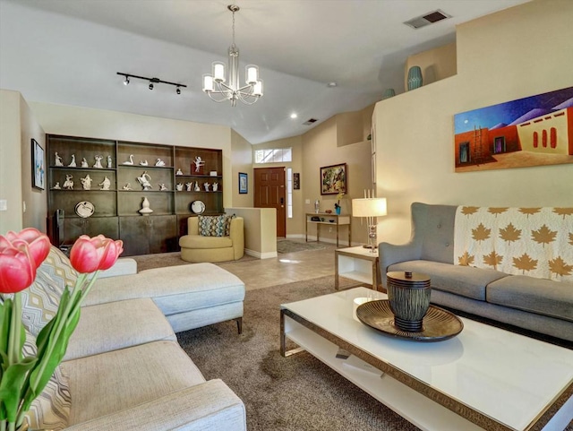 carpeted living room featuring lofted ceiling and an inviting chandelier