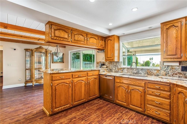 kitchen featuring dishwasher, a healthy amount of sunlight, kitchen peninsula, and sink