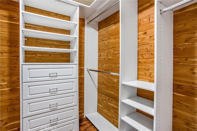 spacious closet with dark hardwood / wood-style flooring